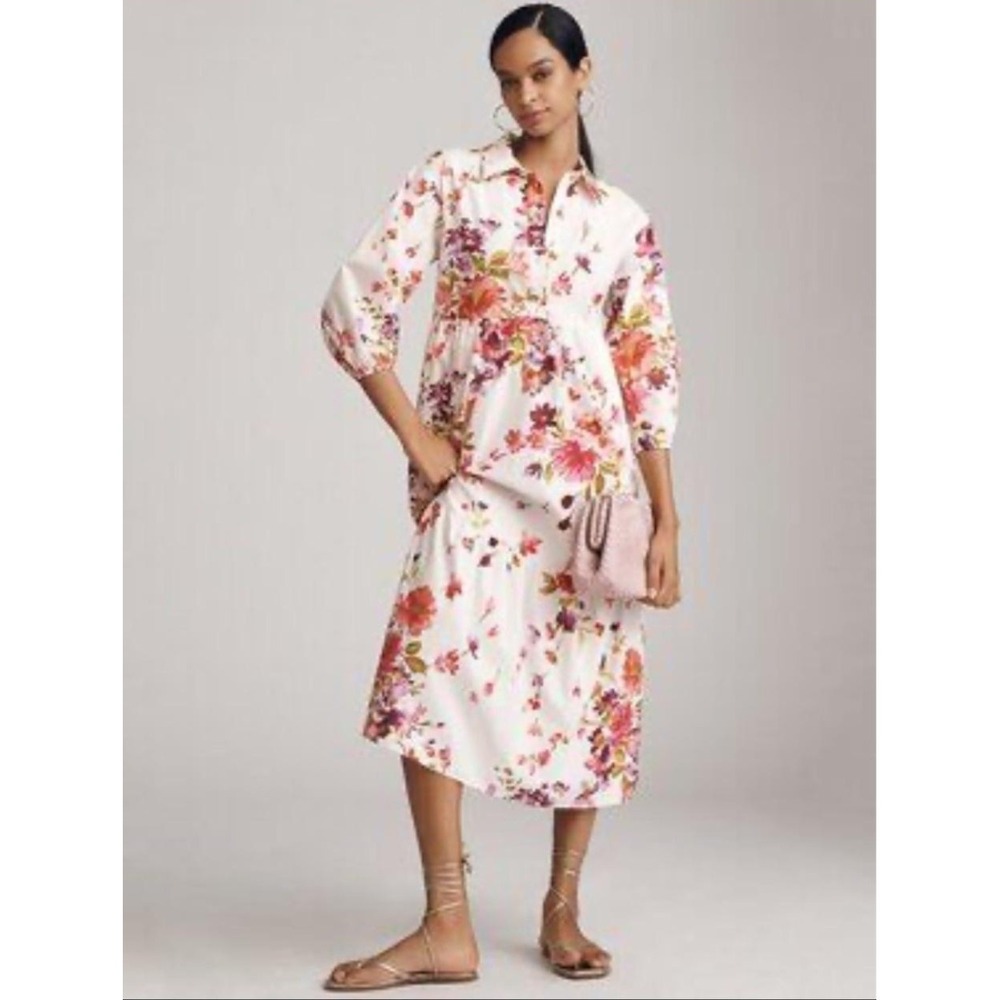 Maeve Shirt Dress Womens 3X White Floral Collared Maxi Pockets Cotton Summer